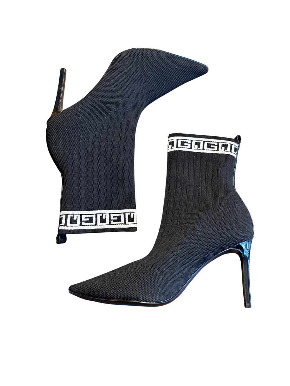 Guess Dallyce Logo Sock Boots 6 NWOT Black White Ankle Sock Booties Glam Heel